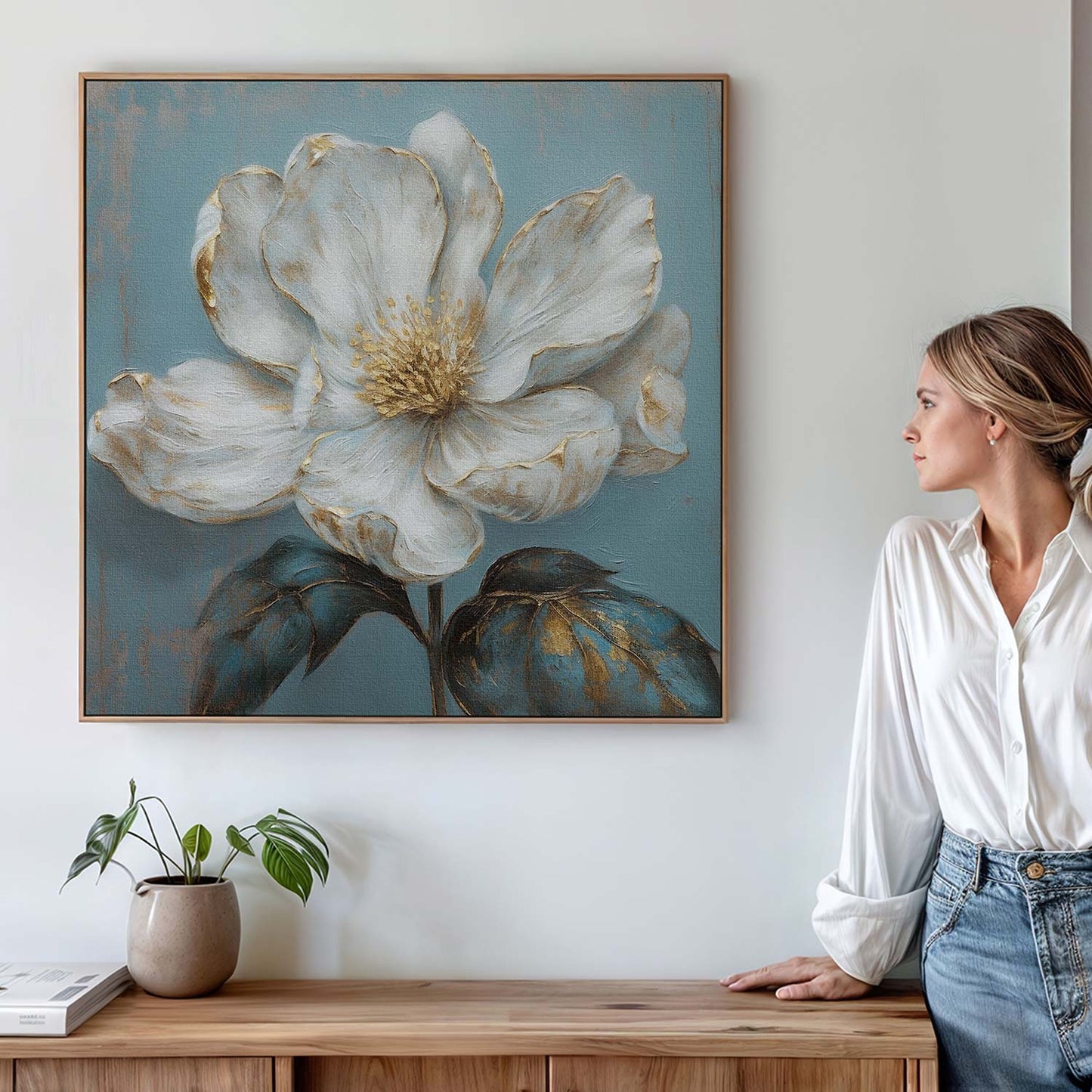 Tableau carré sur toile de fleur blanche