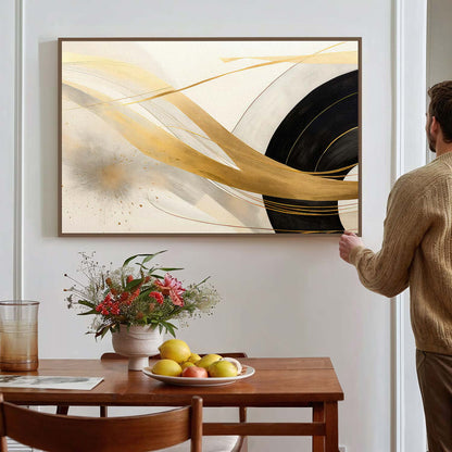 Tableau sur toile abstrait de lignes doré et noir moderne art
